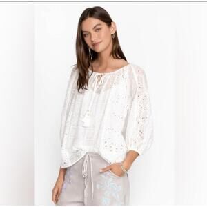 Johnny Was Oversized White Boho Eyelet Embroidered Top 3/4 Sleeve Size XXS